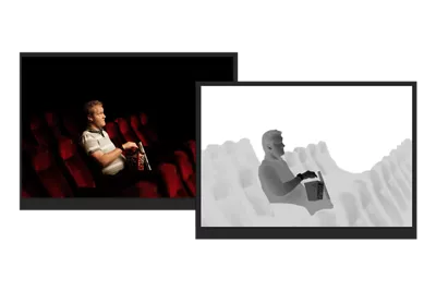 An original photo of a man seated in a movie theater, paired with the HeightIQ-generated heightmap for 3D printing